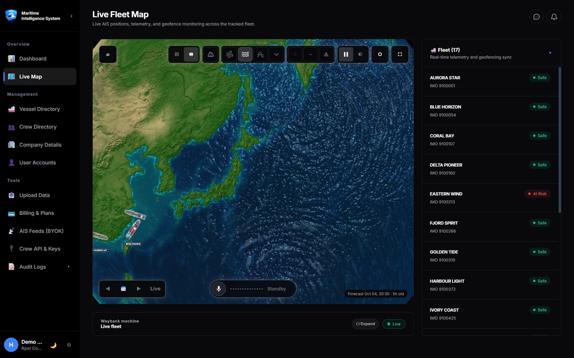 The MIS 3D globe zoomed over Japan and Korea with managed vessels and the animated wave layer