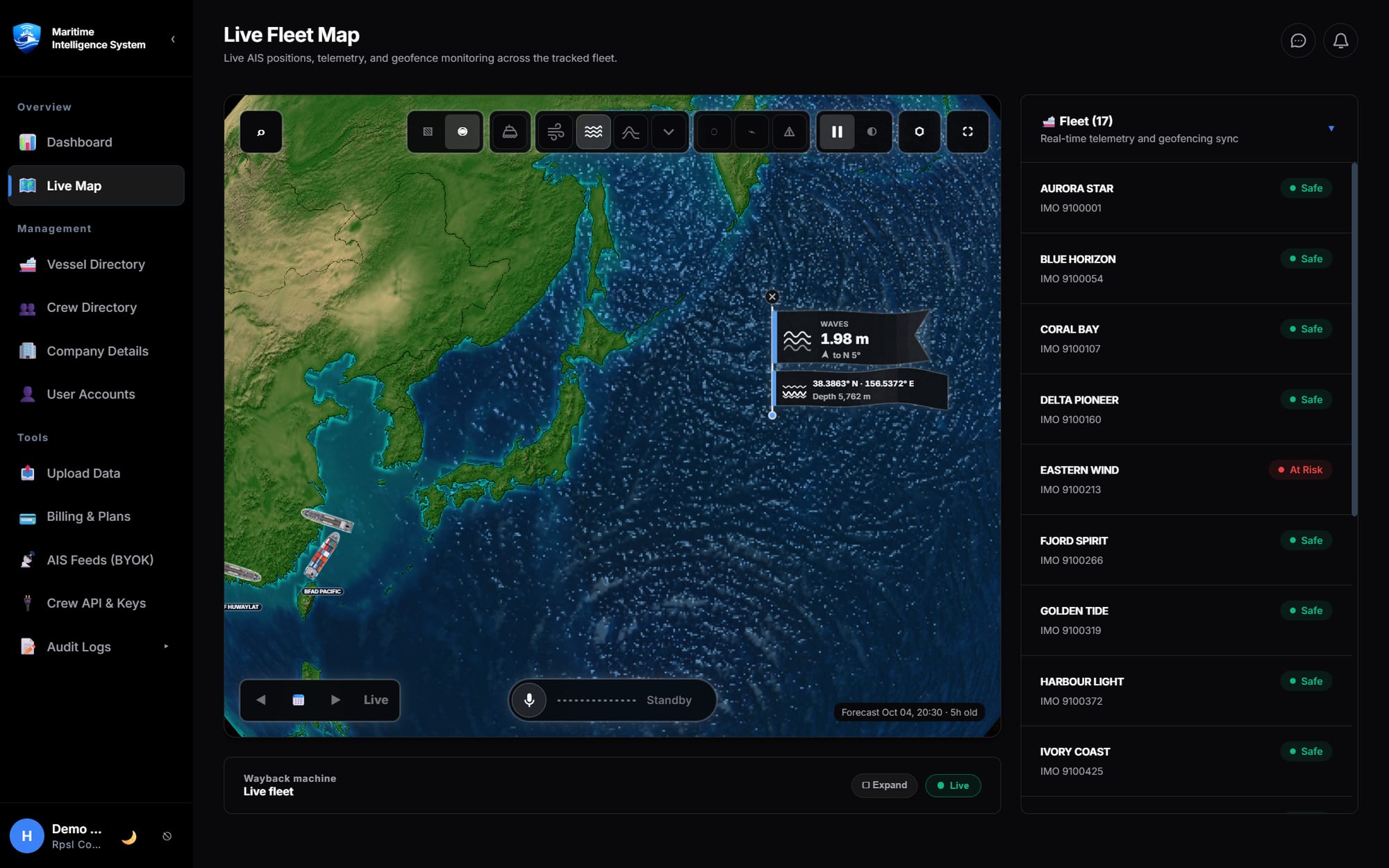 The MIS 3D globe with the map point details card showing wave height, direction and depth