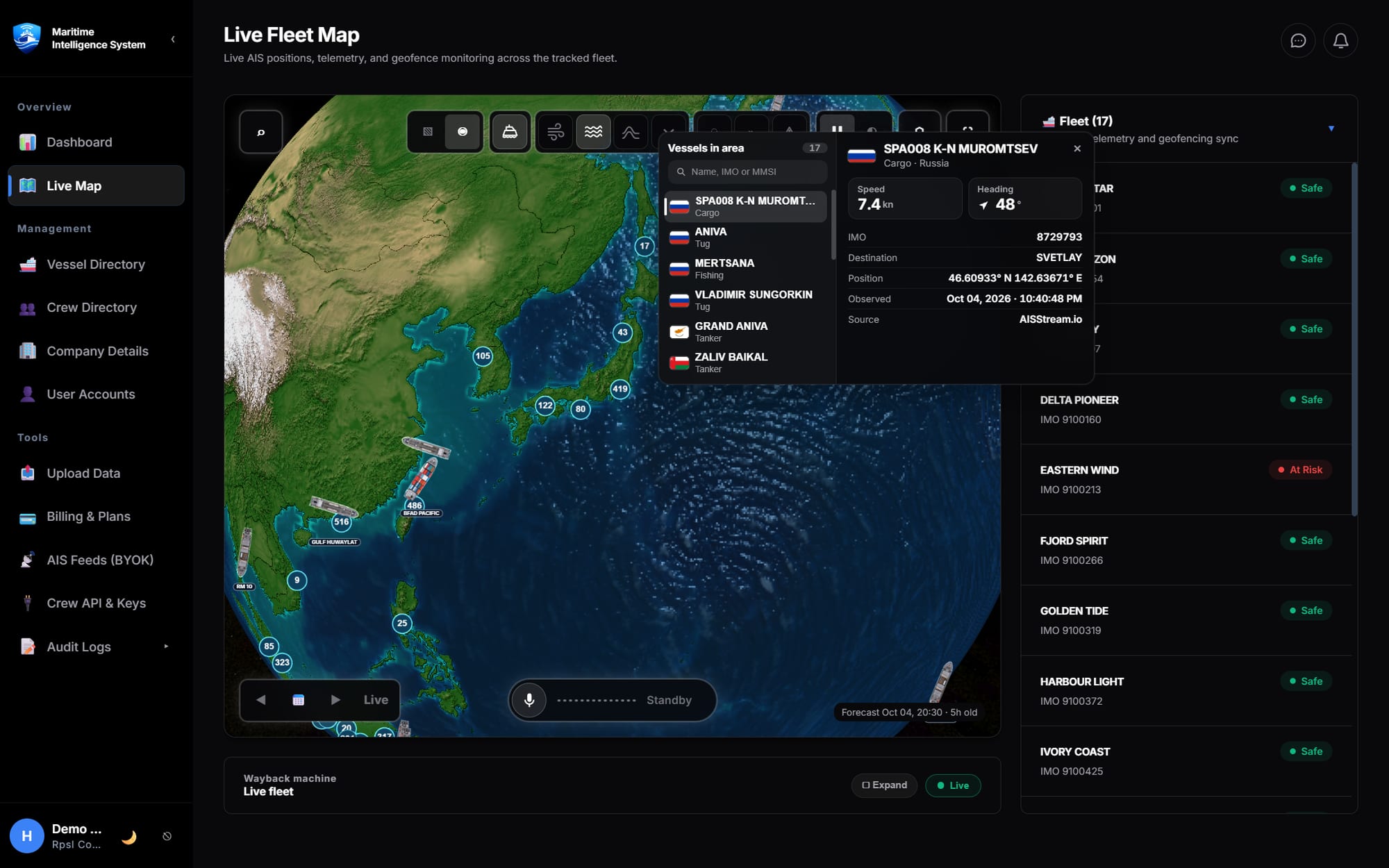 The MIS vessel traffic layer with a Vessels in area pick list and vessel details