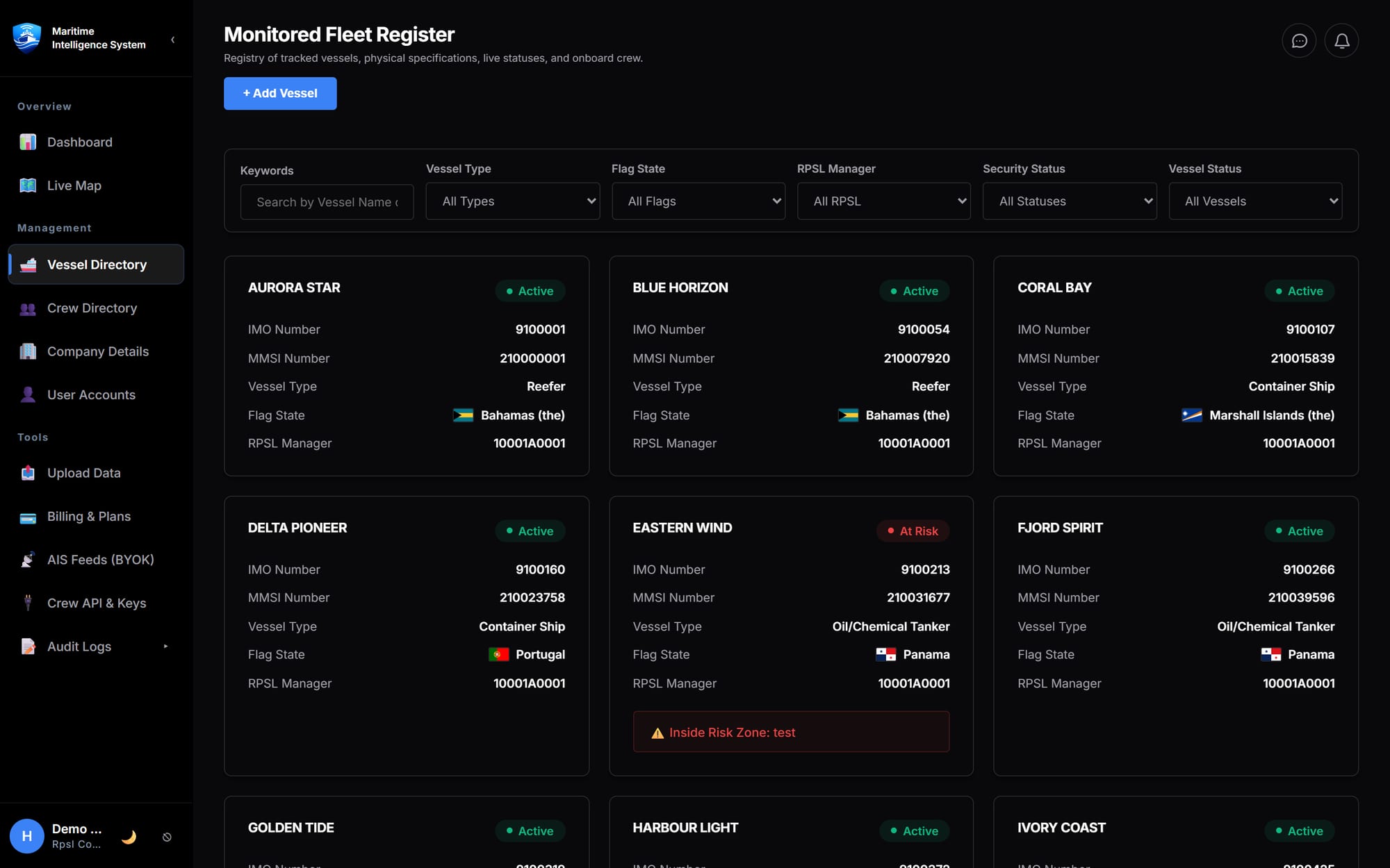 The MIS vessel directory with fleet status