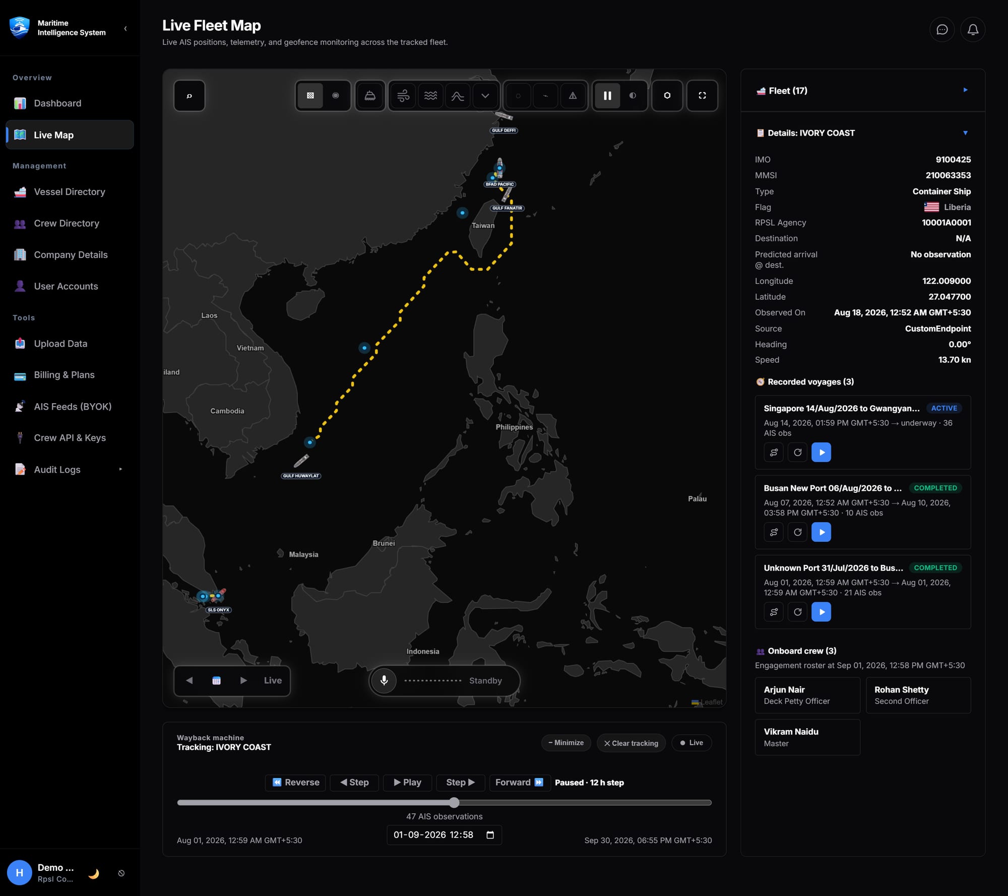 The MIS wayback timeline with a selected vessel, its recorded voyages and onboard crew